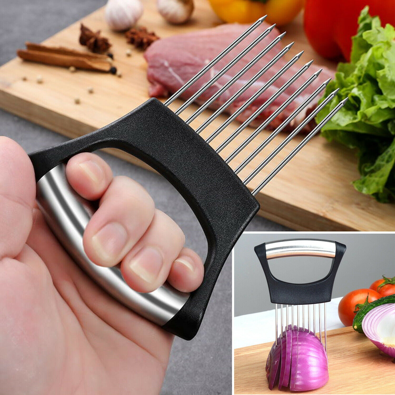 Stainless Steel Onion Holder & Vegetable Slicer – Non Slip Tomato Cutter Food Slicing Assistant