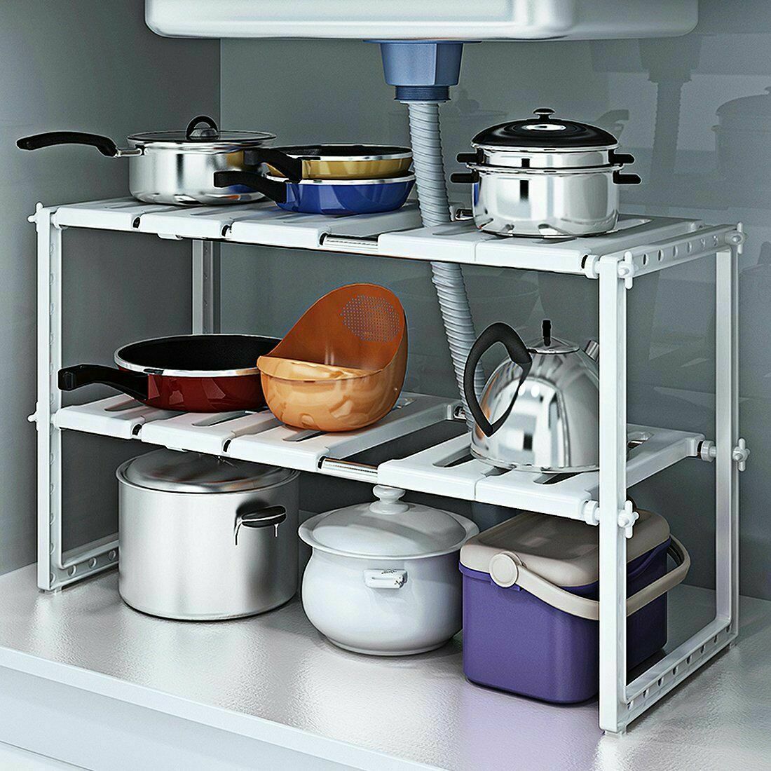 Squared Away 2-Tier Metal Mesh Expandable Under- Sink Shelf Organizer