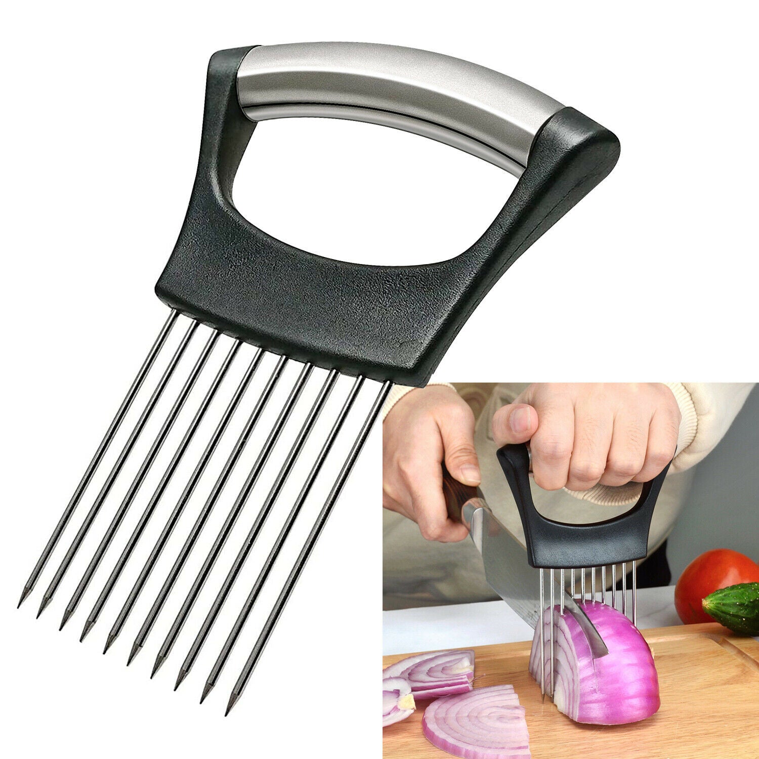Stainless Steel Onion Holder & Vegetable Slicer – Non Slip Tomato Cutter Food Slicing Assistant