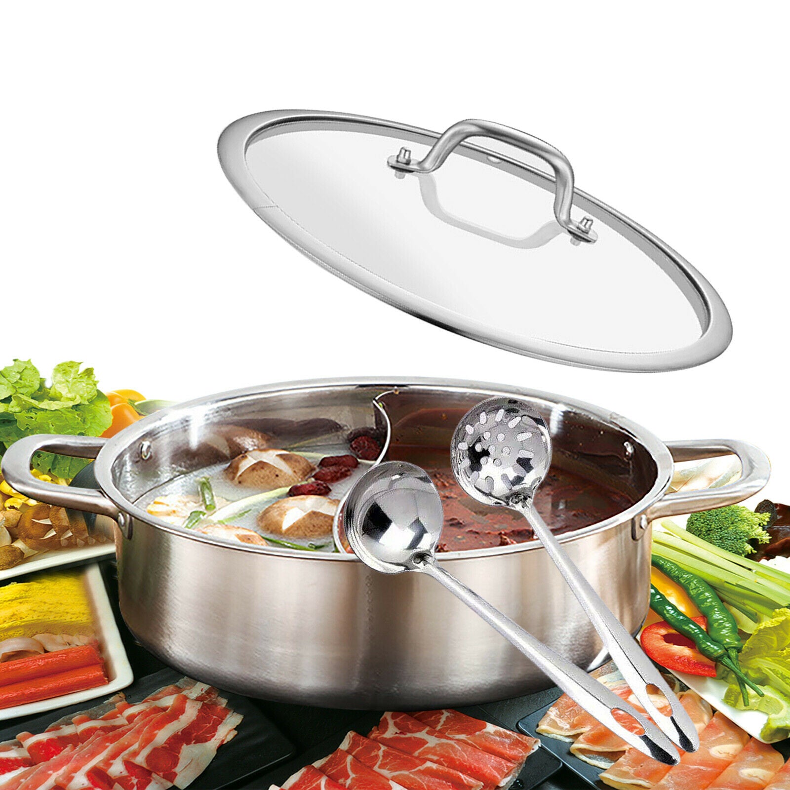 304 Stainless Steel Shabu Shabu Dual Sided Hot Pot W/ Lid And 2 Ladles