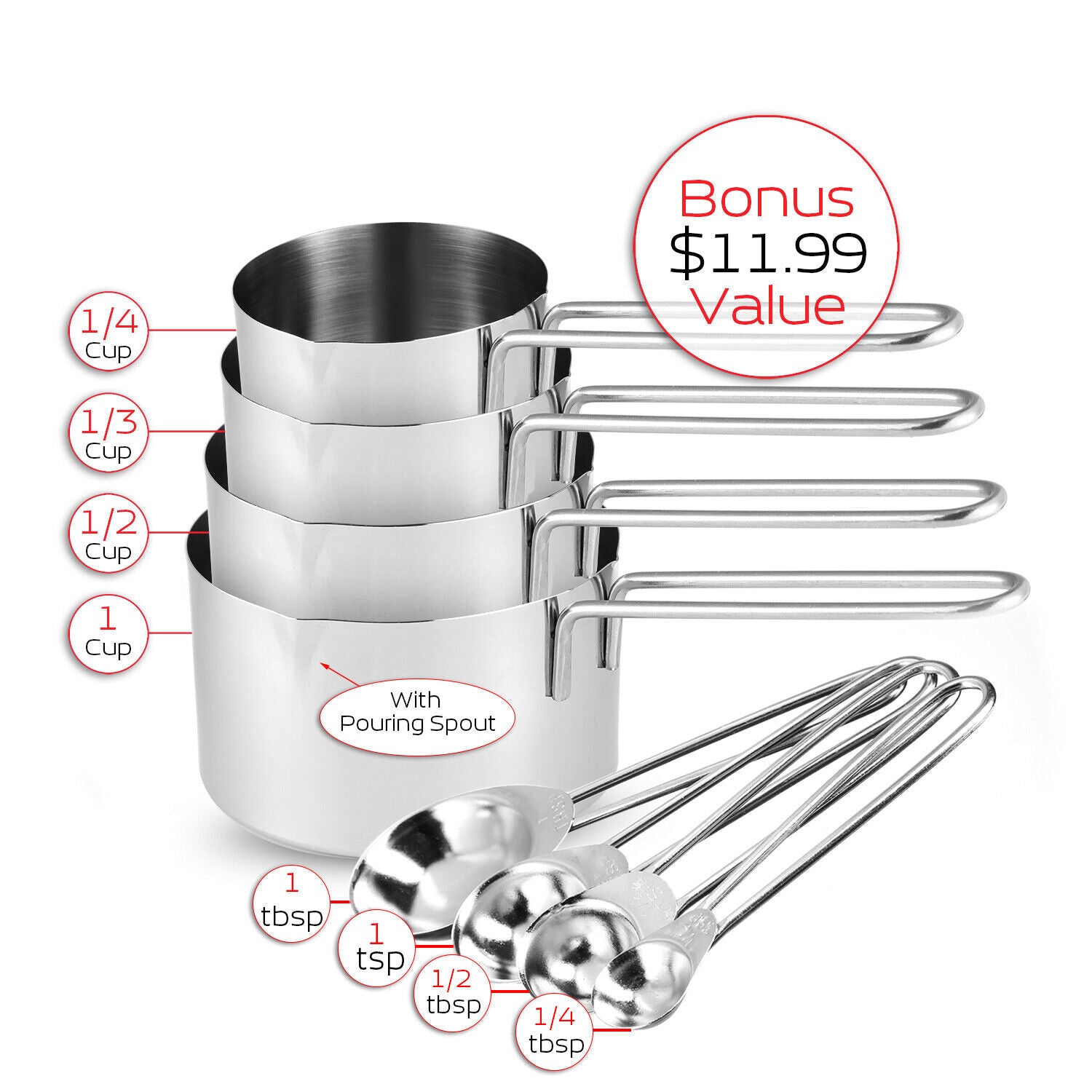 14-Piece Stainless Steel Mixing Bowls Set – Nesting Bowls with Measuring Cups & Spoons