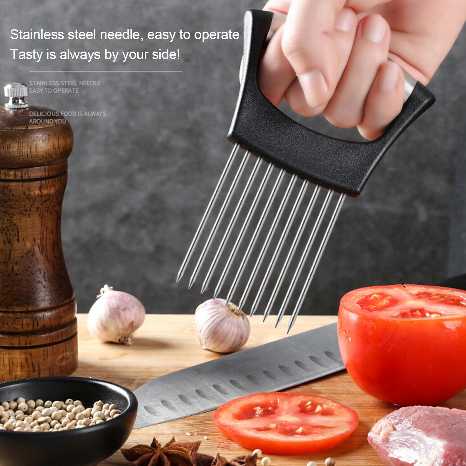 Stainless Steel Onion Holder & Vegetable Slicer – Non Slip Tomato Cutter Food Slicing Assistant