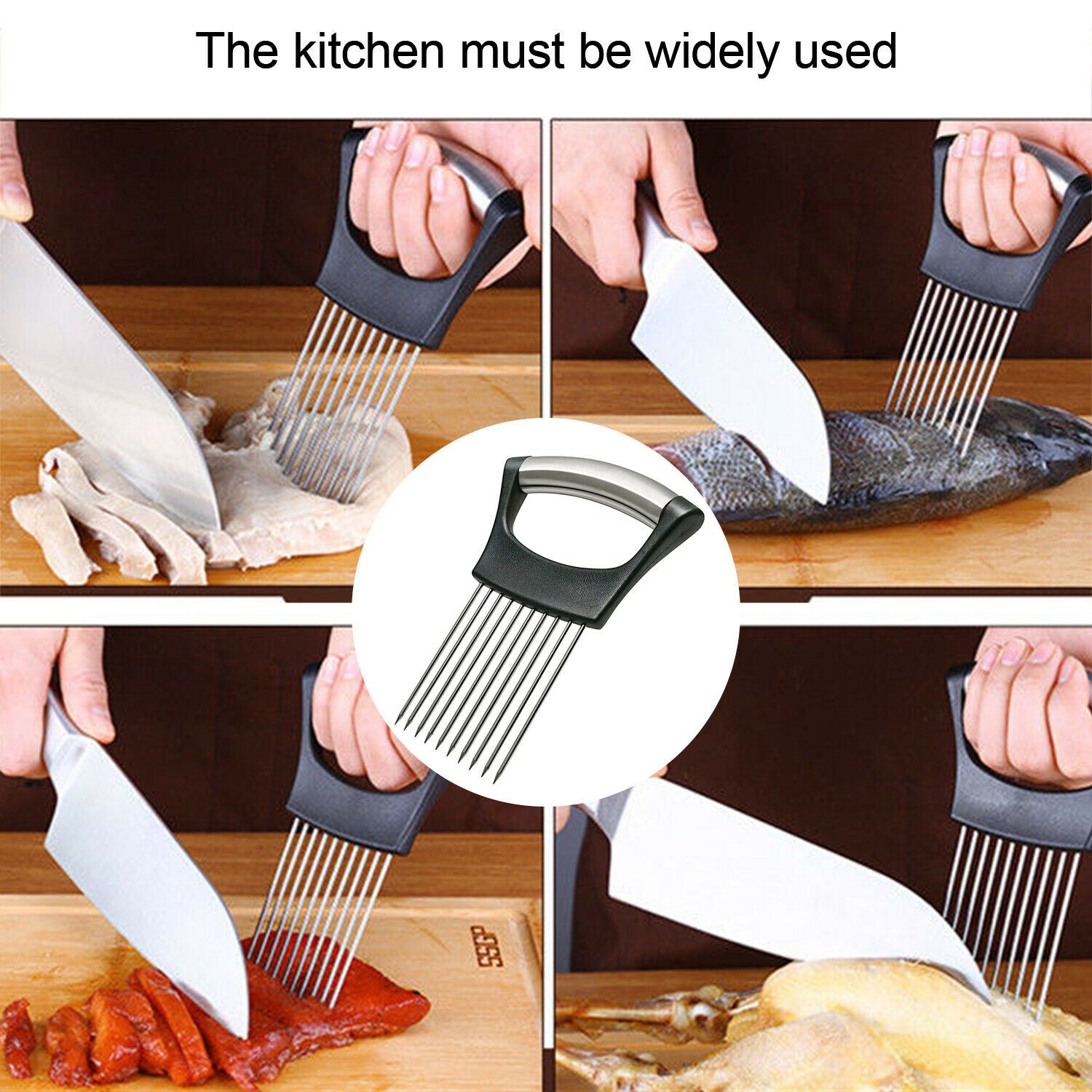Stainless Steel Onion Holder & Vegetable Slicer – Non Slip Tomato Cutter Food Slicing Assistant