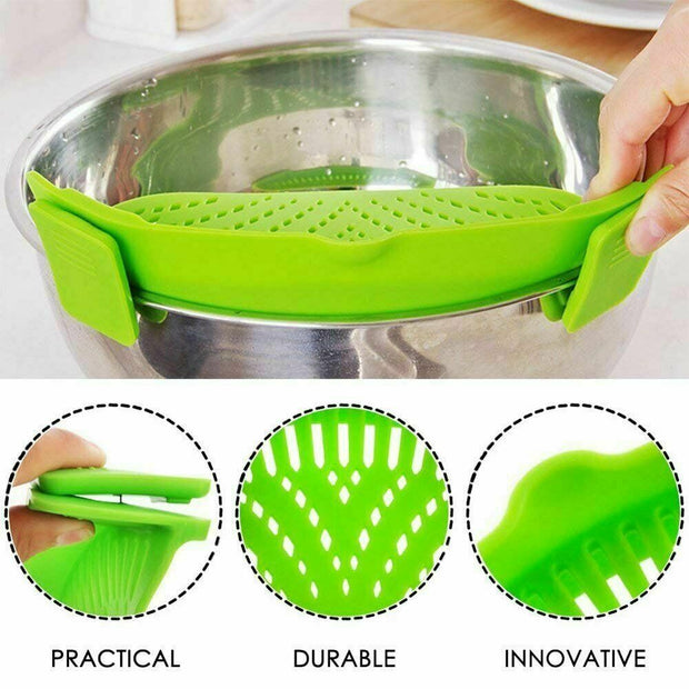 Snap on Strainer, Hands Free, Heat Resistant Silicone Colander