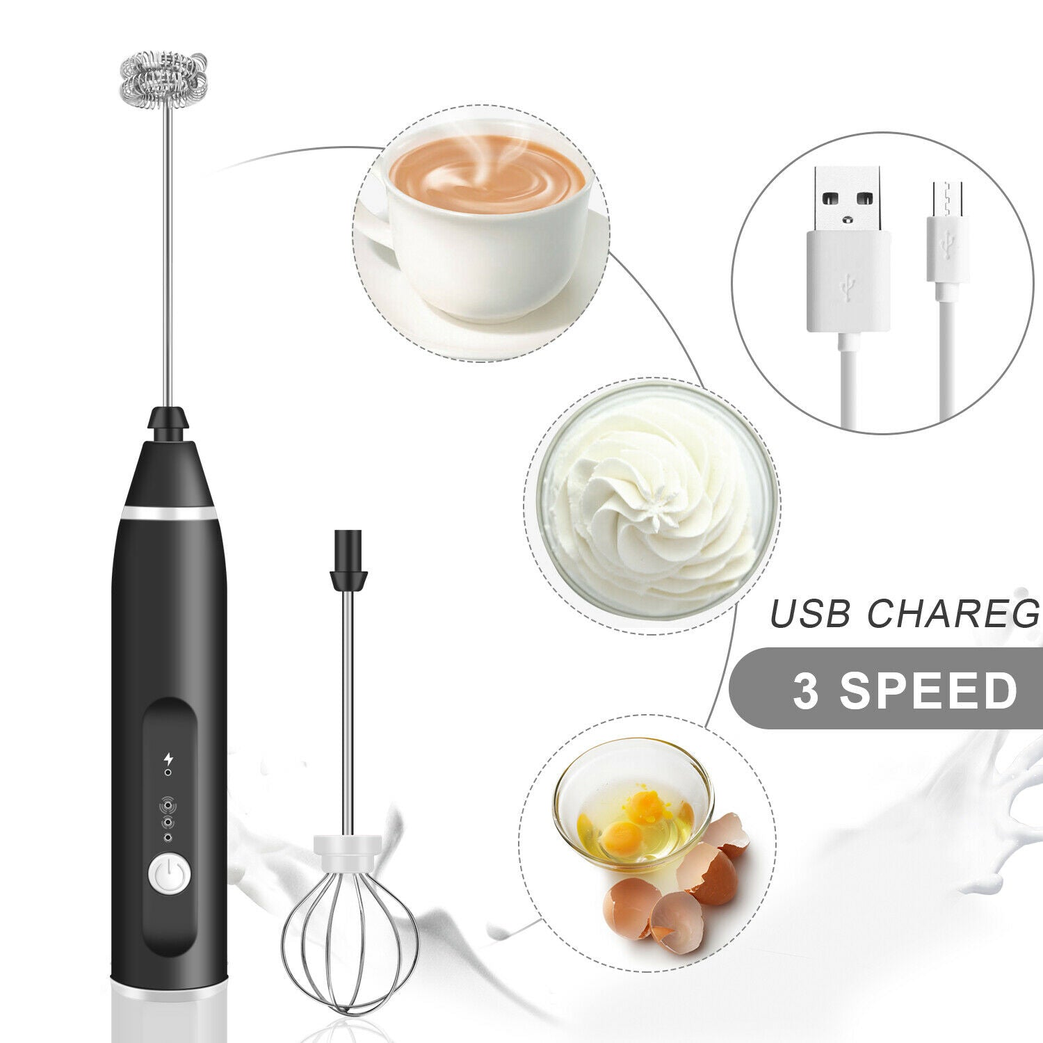 USB Rechargeable Milk Frother Wand – 3-Speed Handheld Coffee Foam Maker & Egg Beater