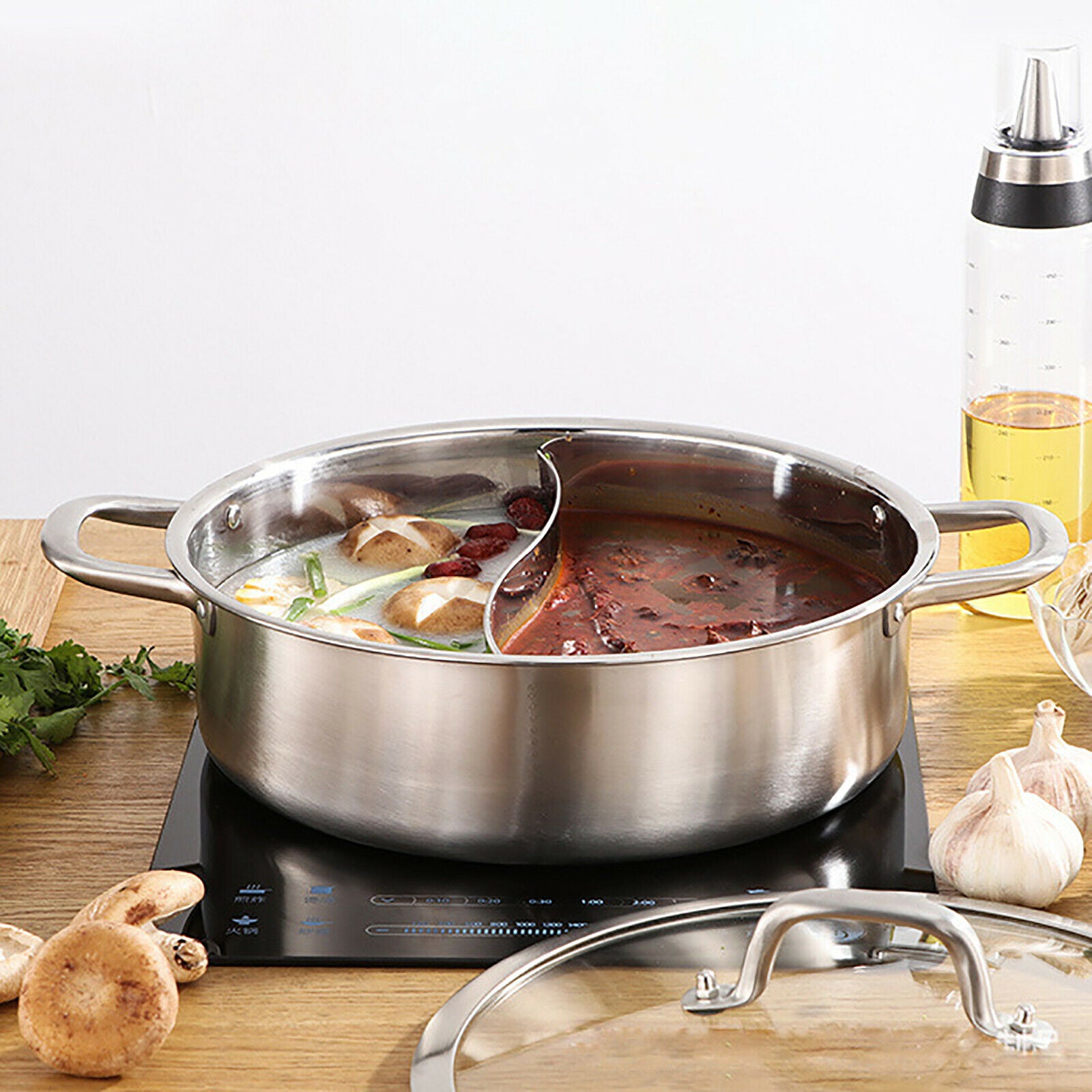 Stainless Steel Shabu Shabu Hot Pot with Divider, Lid & Ladles