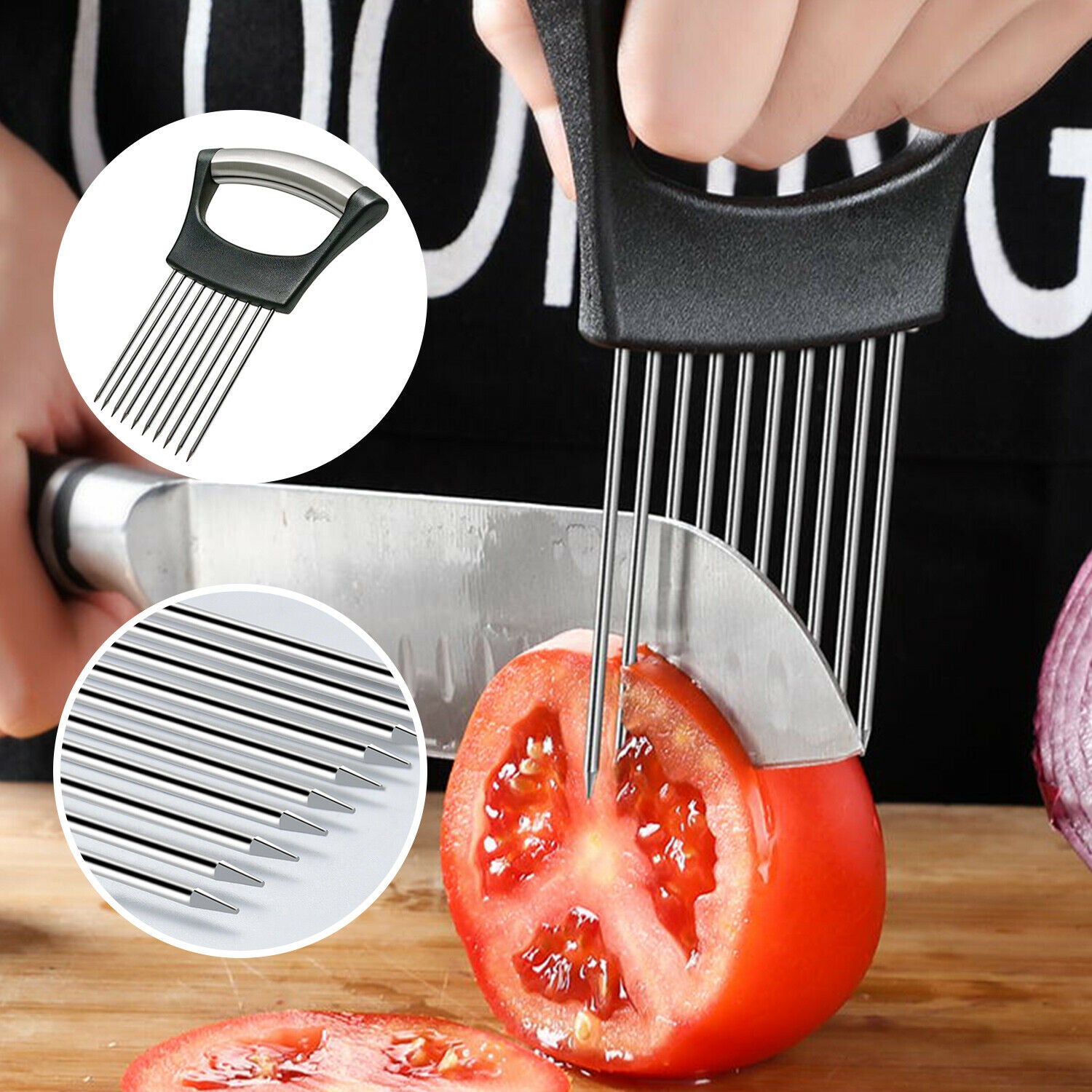 Stainless Steel Onion Holder & Vegetable Slicer – Non Slip Tomato Cutter Food Slicing Assistant