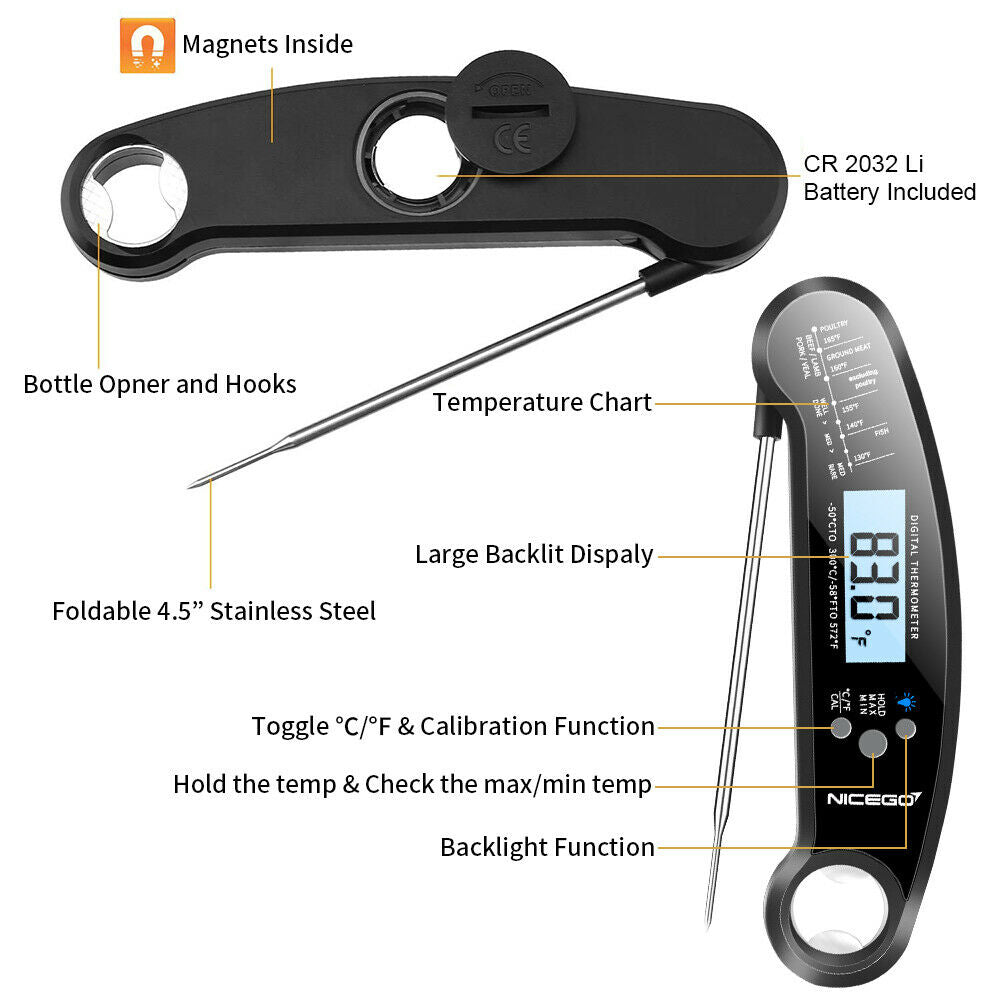Instant Read Digital Meat Thermometer – Waterproof LCD BBQ, Grill & Cooking Food Thermometer