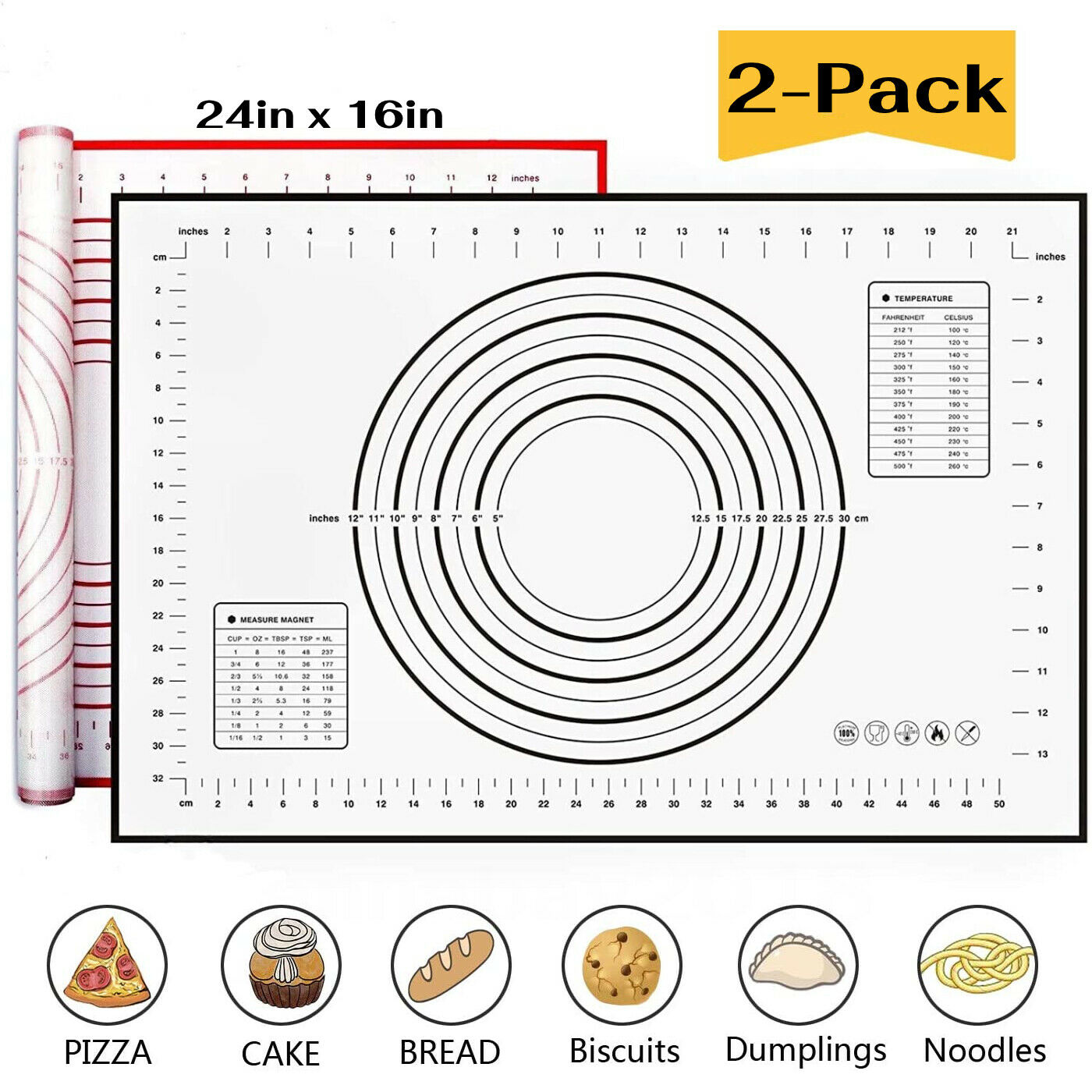 2-Pack Silicone Pastry Baking Mats – Non Slip Nonstick Dough Rolling Mats with Measurements