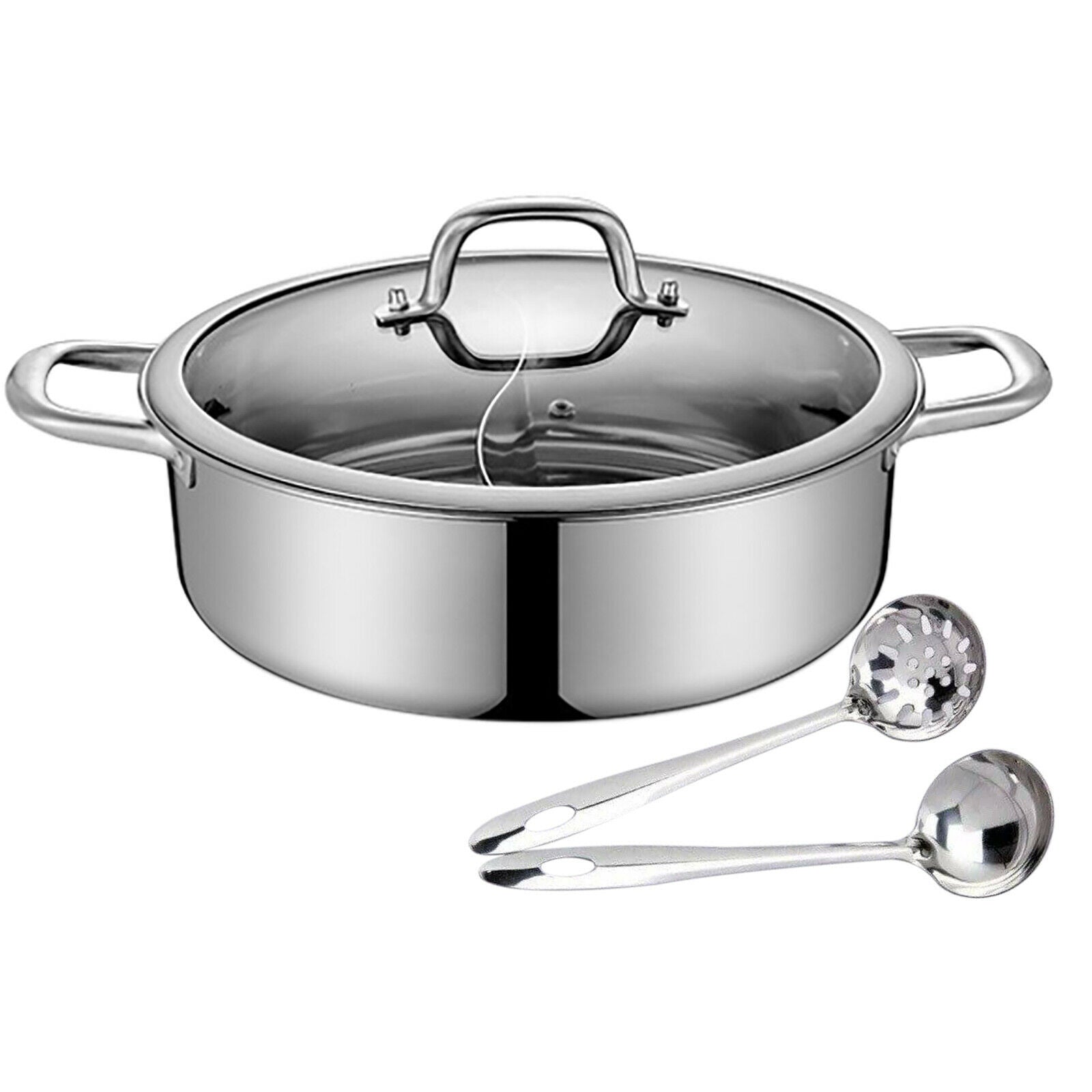 Stainless Steel Shabu Shabu Hot Pot with Divider, Lid & Ladles