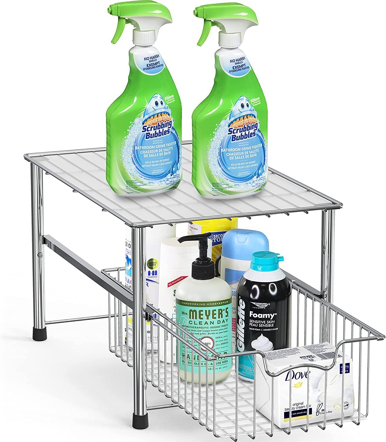 2 Tier Sliding Under Sink Organizer – Stackable Pull Out Storage Drawers