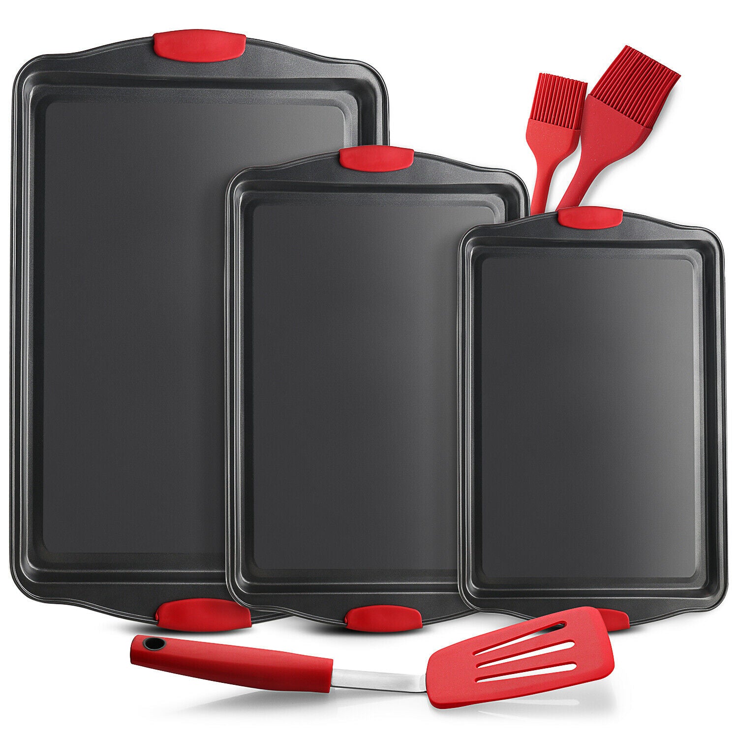 6-Piece Nonstick Baking Sheet Pan Set – Cookie Sheets with Silicone Brushes & Spatula