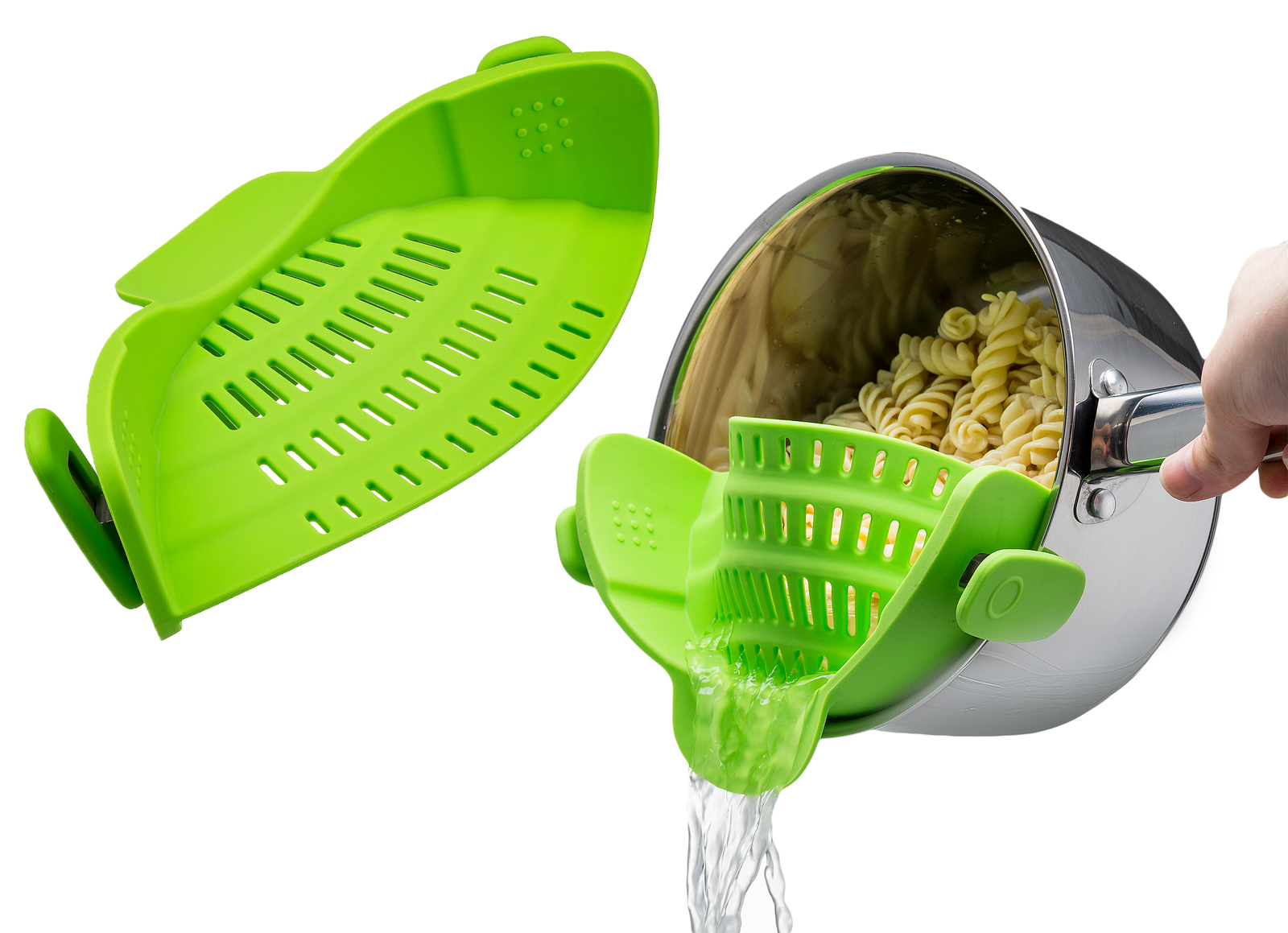 Snap on Strainer, Hands Free, Heat Resistant Silicone Colander