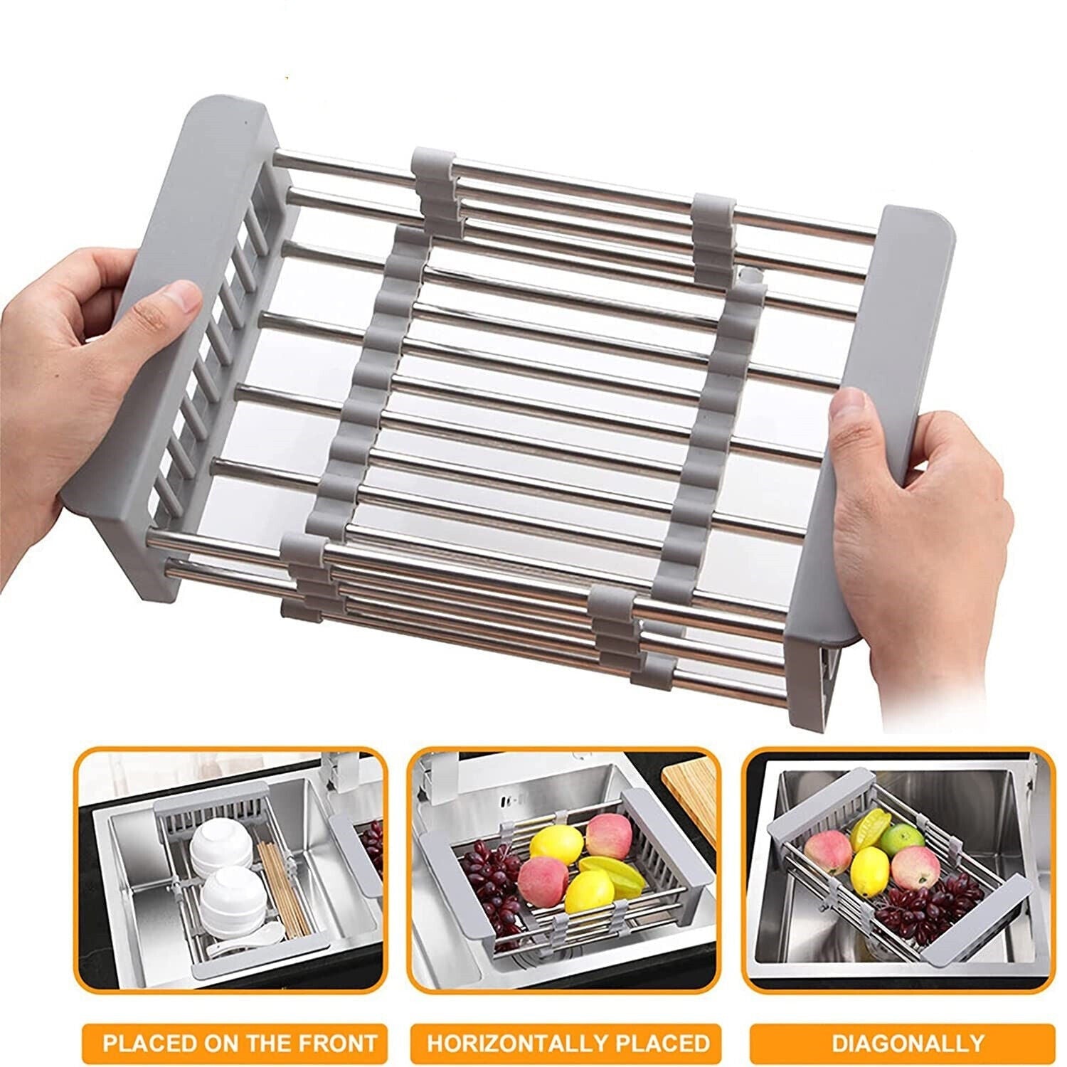 Adjustable Over Sink Dish Drying Rack – Stainless Steel Expandable Drain Basket