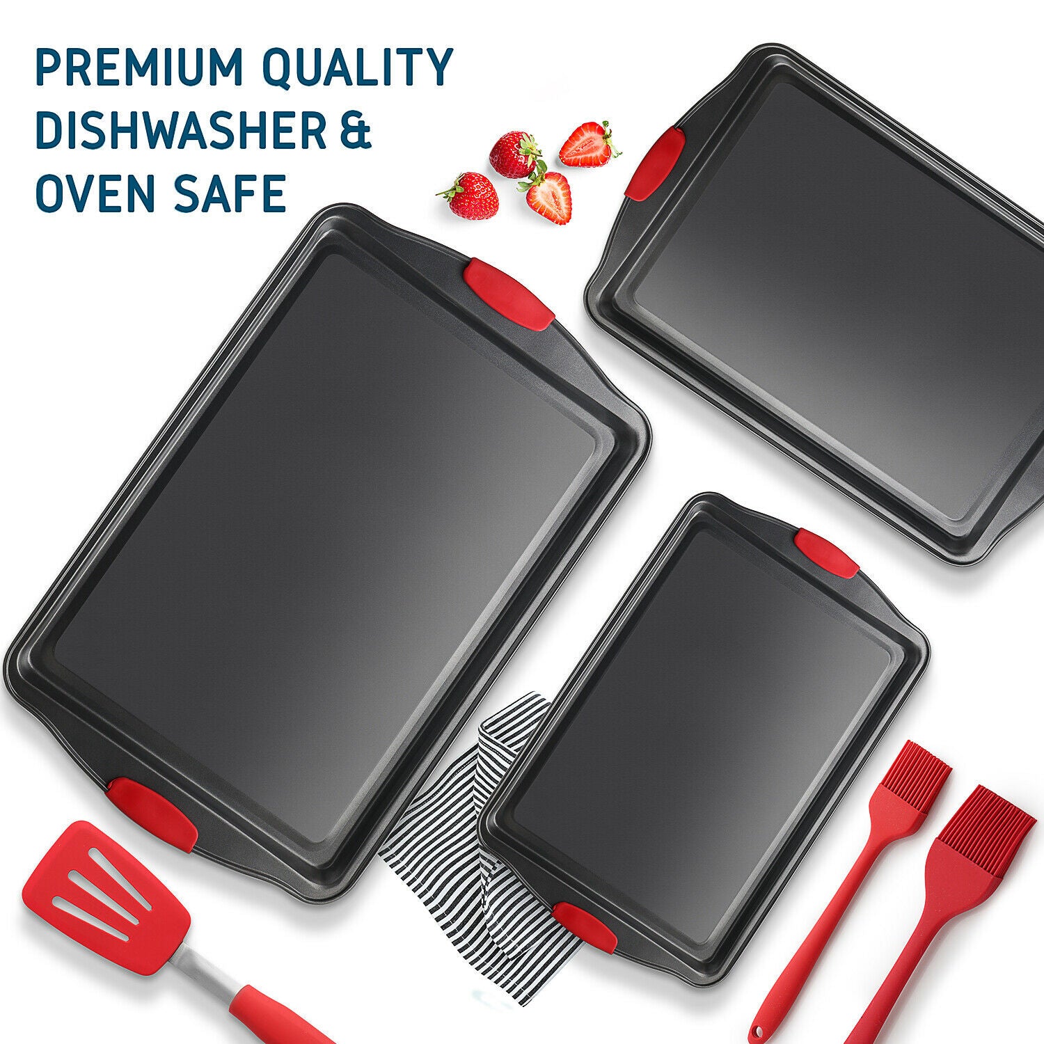 6-Piece Nonstick Baking Sheet Pan Set – Cookie Sheets with Silicone Brushes & Spatula