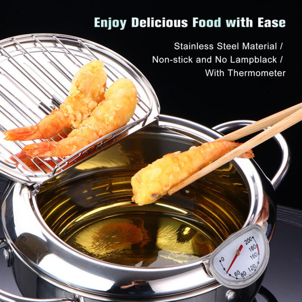 Japanese Style Stainless Steel Deep Fryer Pot With Thermometer & Oil Drainer