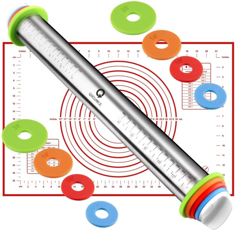 Adjustable Stainless Steel Rolling Pin Set – Dough Roller with Thickness Rings & Silicone Pastry Mat