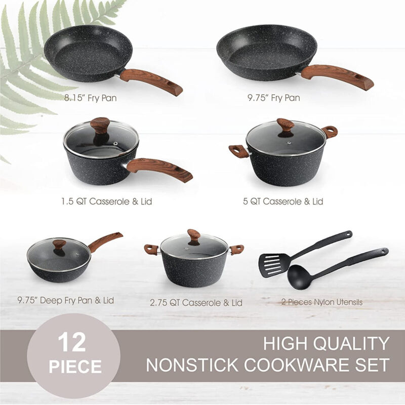 12-Piece Nonstick Pots and Pans Set – Granite Coated Induction Cookware Set