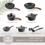 12 Piece Granite Coated, Nonstick Pots and Pans Cookware Set