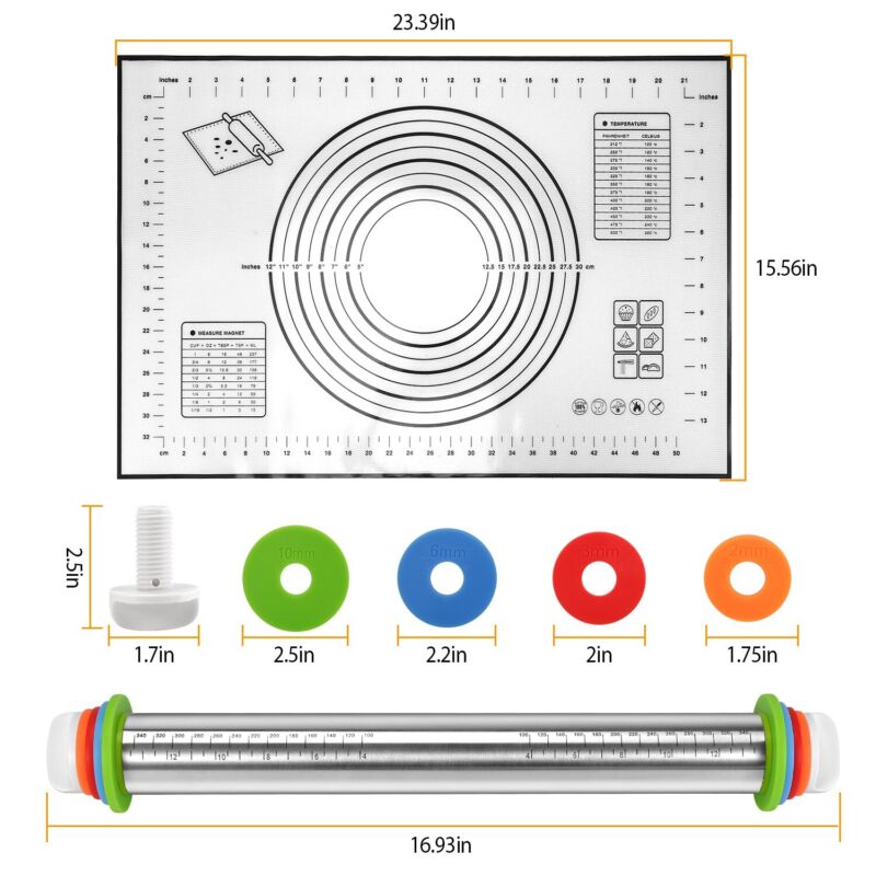 Adjustable Stainless Rolling Pin+ Rings And Pastry Mat