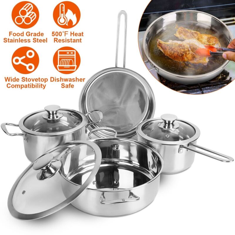7-Piece Stainless Steel Cookware Set – Induction Ready Pots, Pans & Saucepan Set