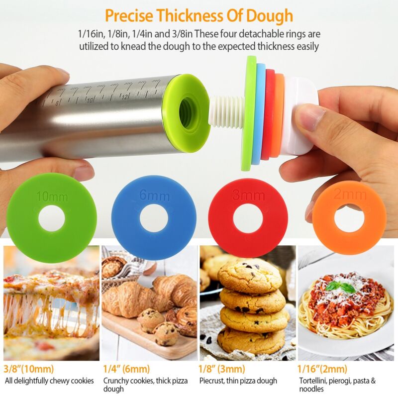 Adjustable Stainless Steel Rolling Pin Set – Dough Roller with Thickness Rings & Silicone Pastry Mat