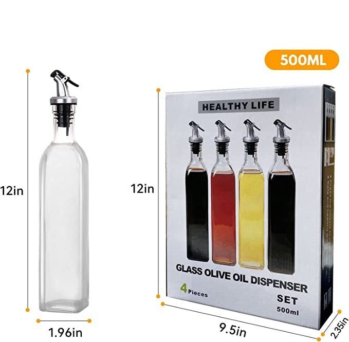 4-Pack Glass Olive Oil Dispenser Bottles – Leakproof 500ml Vinegar & Sauce Cruet Set with Labels