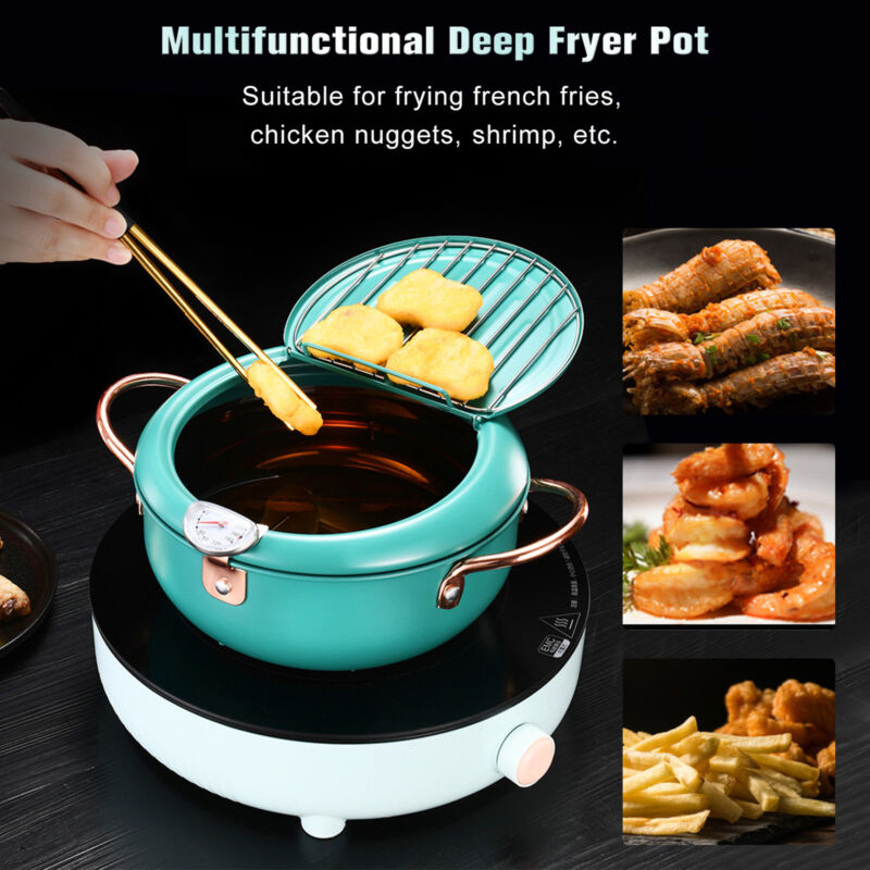 Deep Fryer Pot, Japanese Tempura Small Deep Fryer Stainless Steel Frying Pot with Thermometer,Lid and Oil Drip Drainer Rack for French Fries