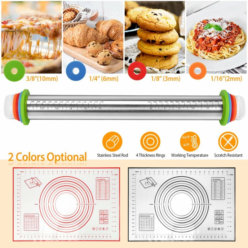 Adjustable Stainless Steel Rolling Pin Set – Dough Roller with Thickness Rings & Silicone Pastry Mat