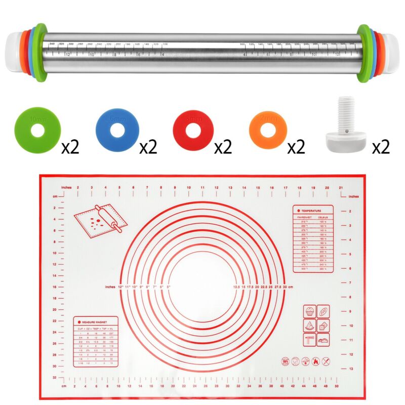 Adjustable Stainless Steel Rolling Pin Set – Dough Roller with Thickness Rings & Silicone Pastry Mat