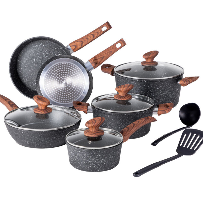 12 Piece Granite Coated, Nonstick Pots and Pans Cookware Set