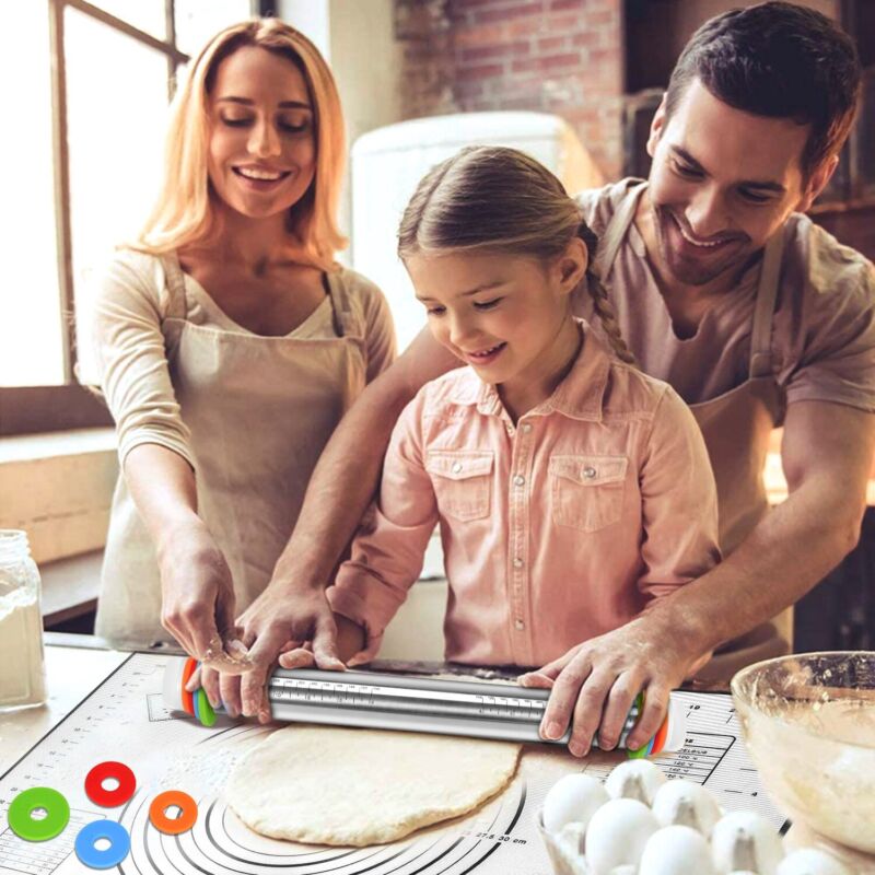 Adjustable Stainless Steel Rolling Pin Set – Dough Roller with Thickness Rings & Silicone Pastry Mat