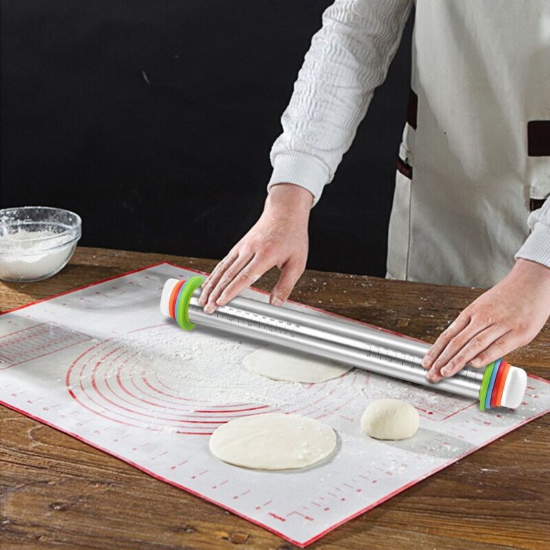 Adjustable Stainless Steel Rolling Pin Set – Dough Roller with Thickness Rings & Silicone Pastry Mat