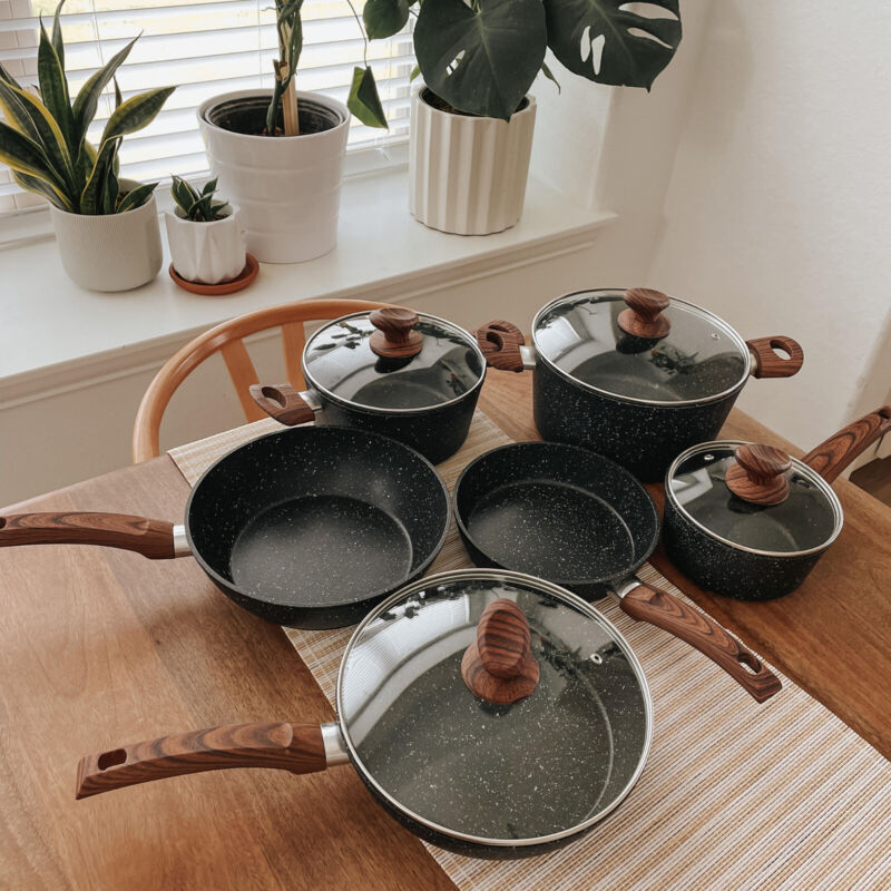 12 Piece Granite Coated, Nonstick Pots and Pans Cookware Set