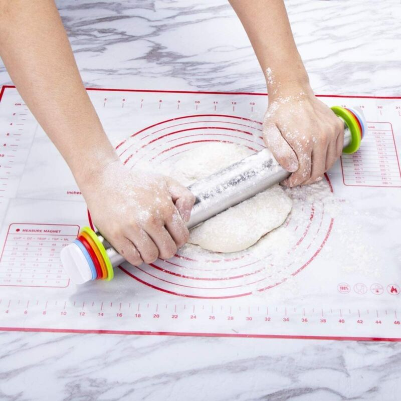 Adjustable Stainless Steel Rolling Pin Set – Dough Roller with Thickness Rings & Silicone Pastry Mat