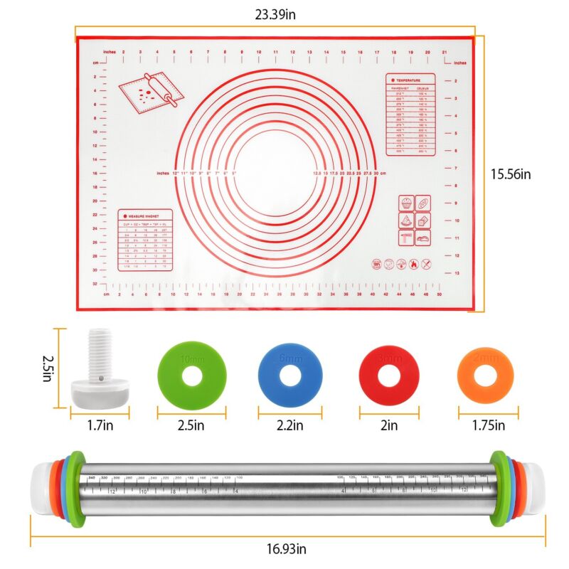 Adjustable Stainless Rolling Pin+ Rings And Pastry Mat