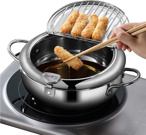 Japanese Style Stainless Steel Deep Fryer Pot With Thermometer & Oil Drainer