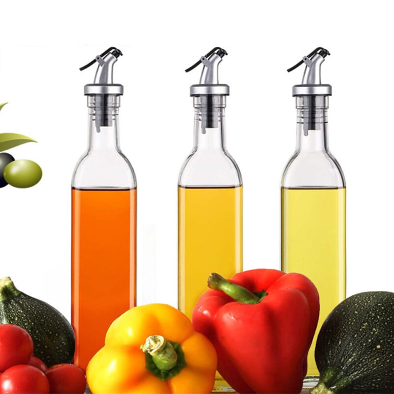 4-Pack Glass Olive Oil Dispenser Bottles – Leakproof 500ml Vinegar & Sauce Cruet Set with Labels