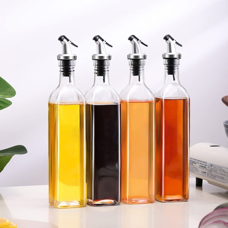 Set Of 4, 500ML Oil, Vinegar, Leak Proof Glass Bottles With 8 Labels