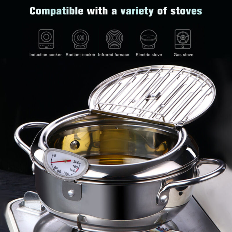 Japanese Style Stainless Steel Deep Fryer Pot With Thermometer & Oil D
