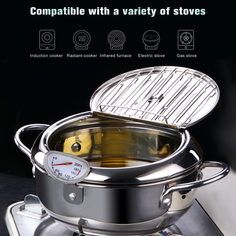 Deep Frying Pan with Lid Drainage Thermometer Stainless Steel Durable  Cooking