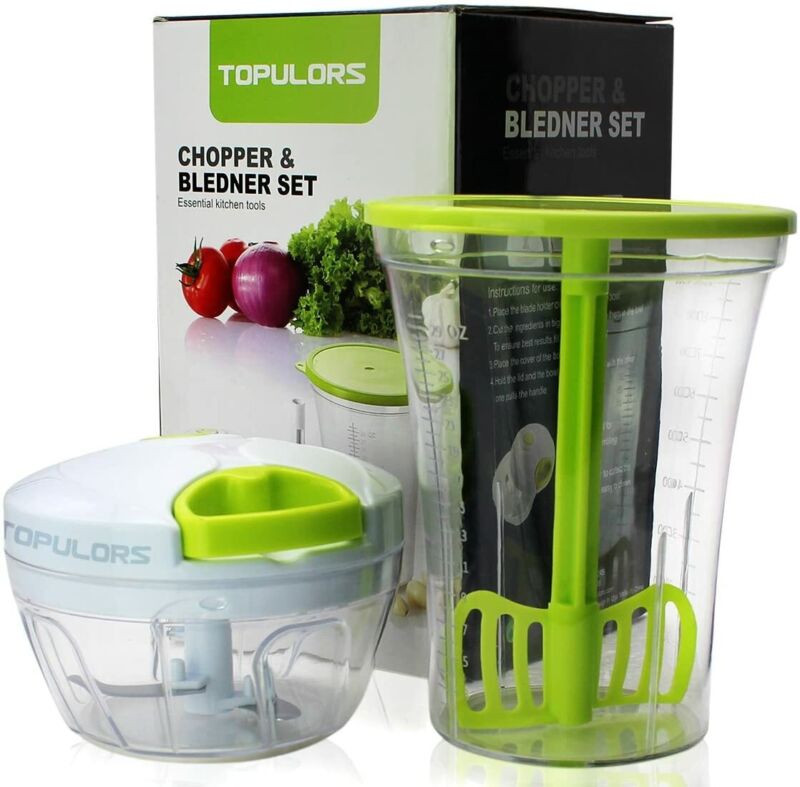 Hand powered Food Chopper, Handheld Masher, Mixer With Measuring Container