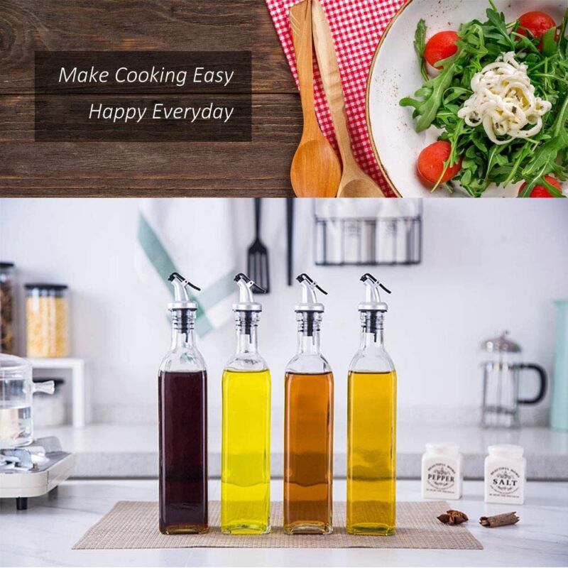 4-Pack Glass Olive Oil Dispenser Bottles – Leakproof 500ml Vinegar & Sauce Cruet Set with Labels