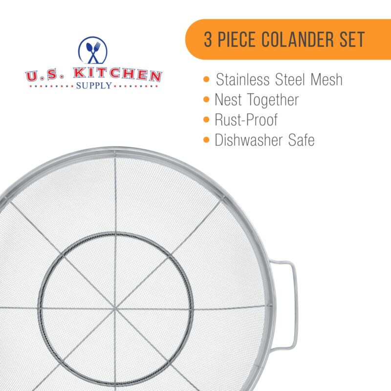 3-Piece Stainless Steel Colander Set – Mesh Strainers with Handles, 3QT 4QT & 5QT