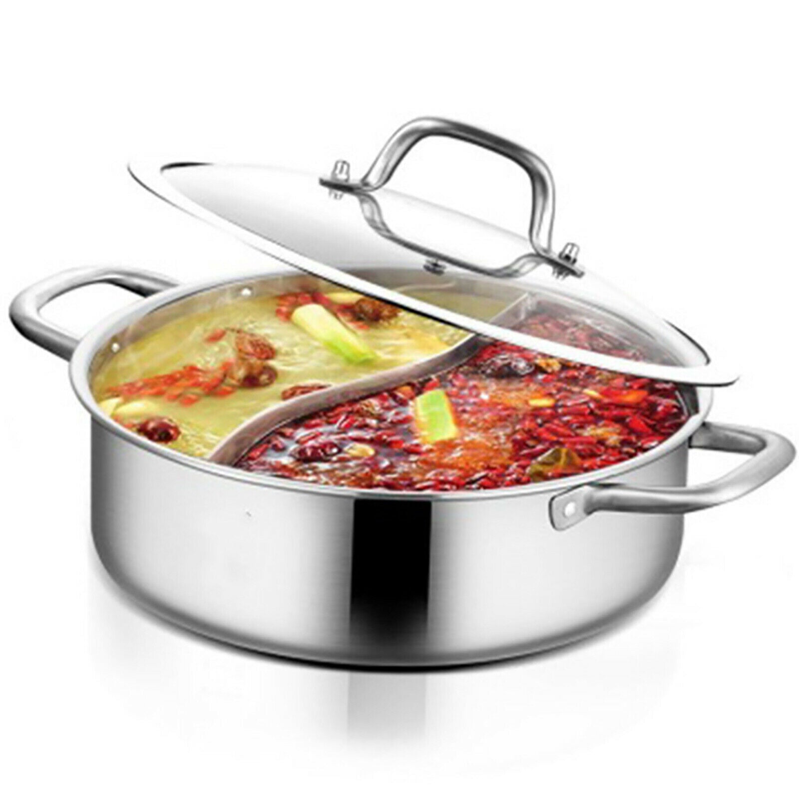 Stainless Steel Shabu Shabu Hot Pot with Divider, Lid & Ladles