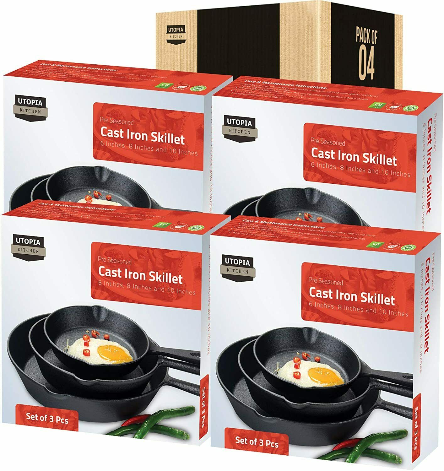 3-Piece Pre-Seasoned Cast Iron Skillet Set – 6”, 8” & 10” Frying Pans for Cooking