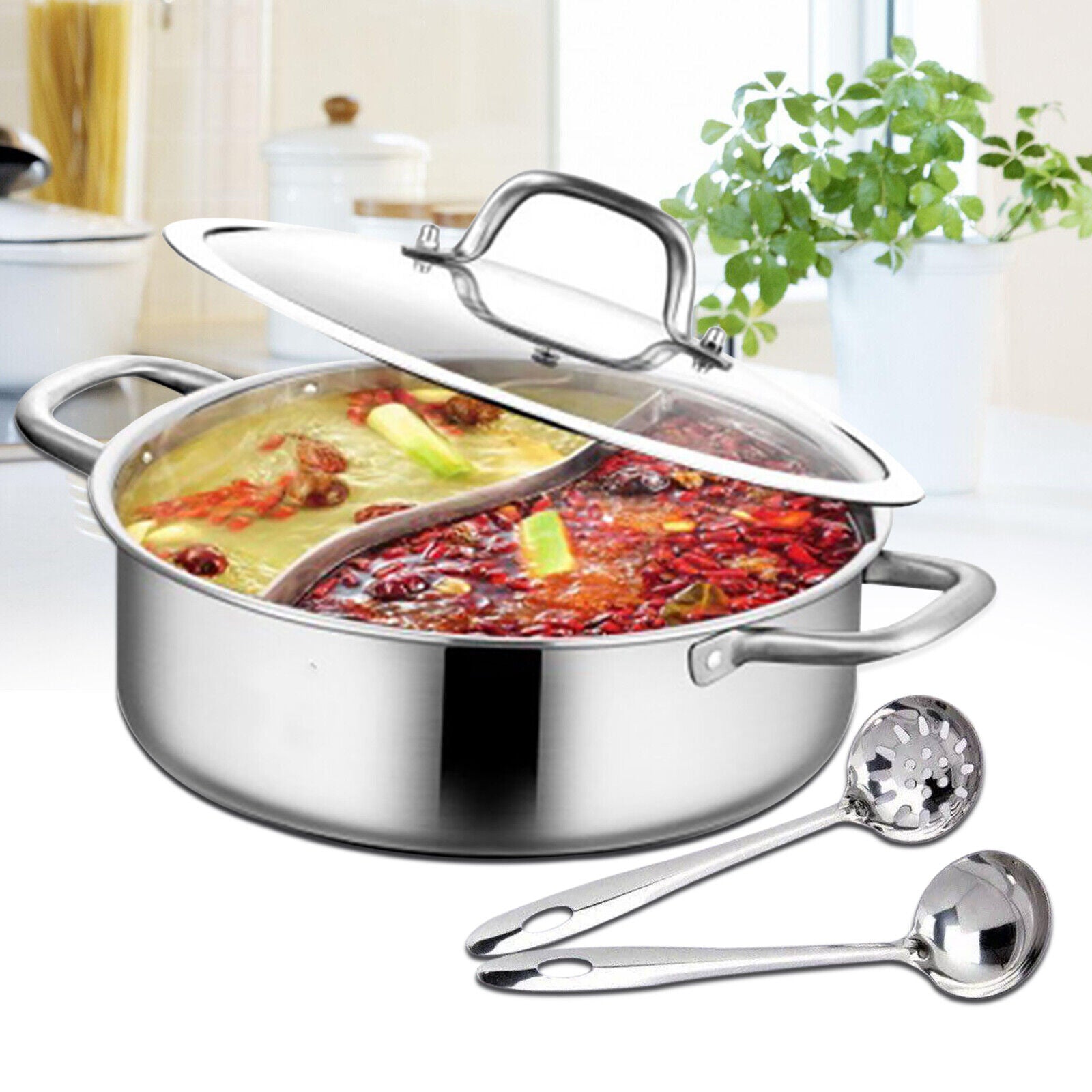 304 Stainless Steel Shabu Shabu Dual Sided Hot Pot W/ Lid And 2 Ladles