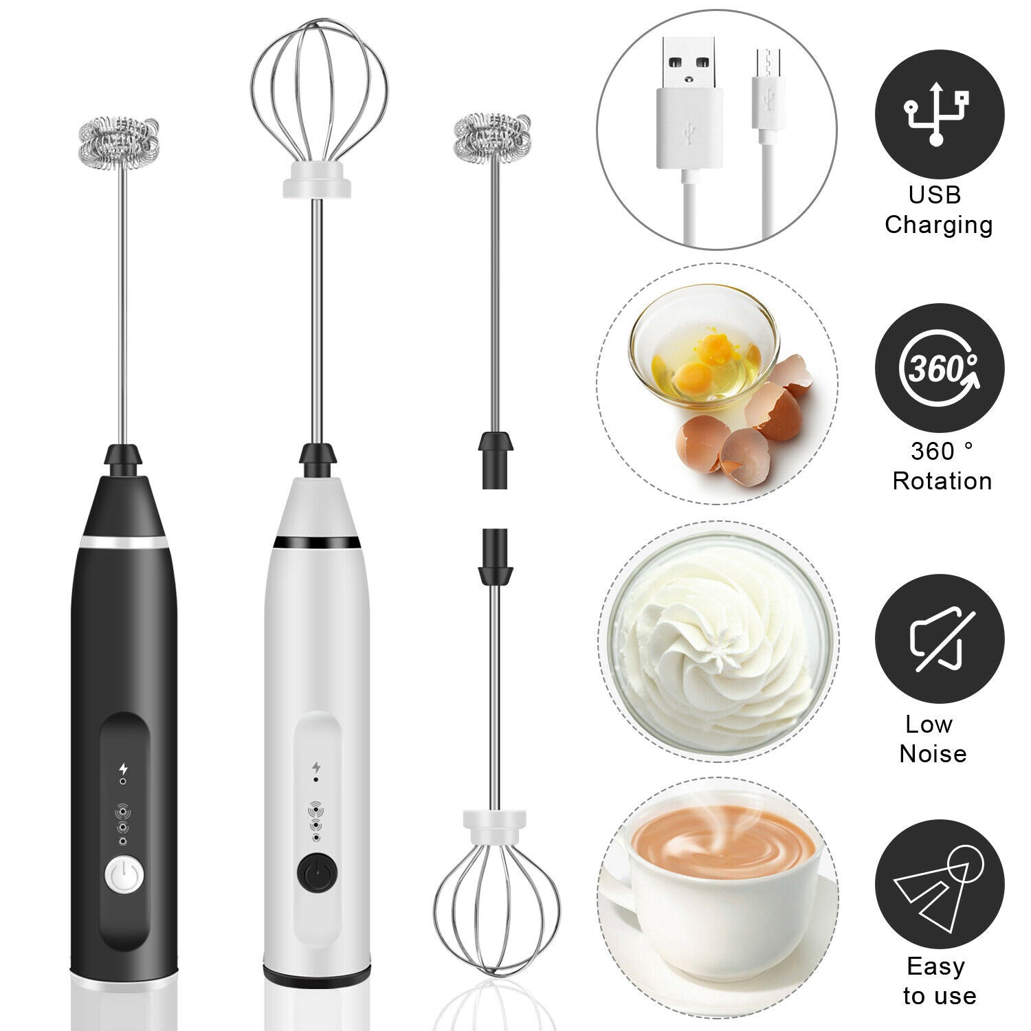 USB Rechargeable Milk Frother Wand – 3-Speed Handheld Coffee Foam Maker & Egg Beater